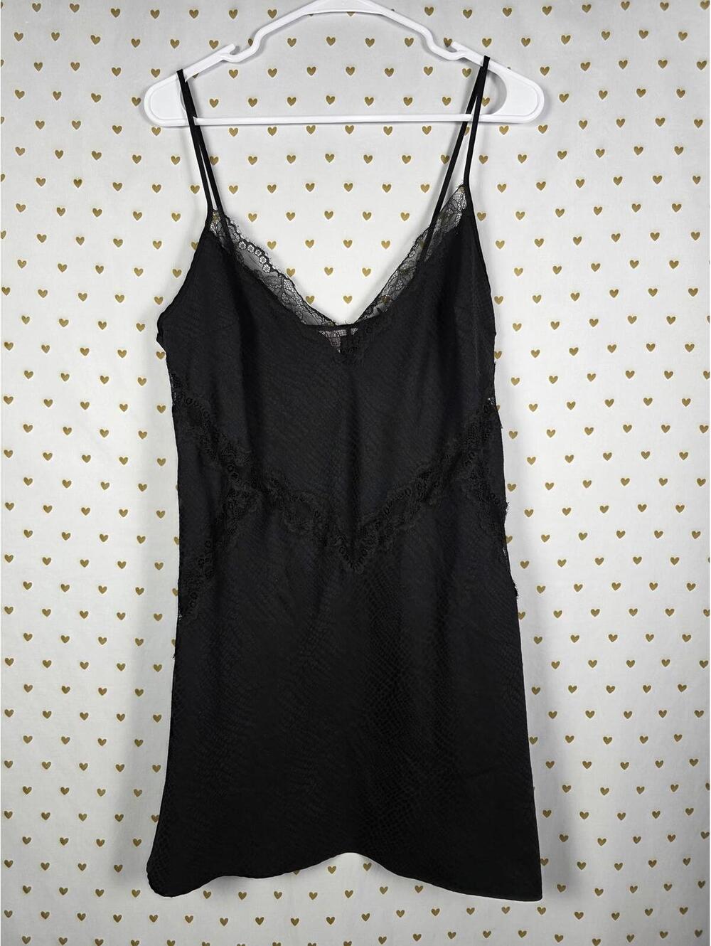 Victorias Secret Black Satin Chemise Slip Dress Lingerie LARGE Animal Print